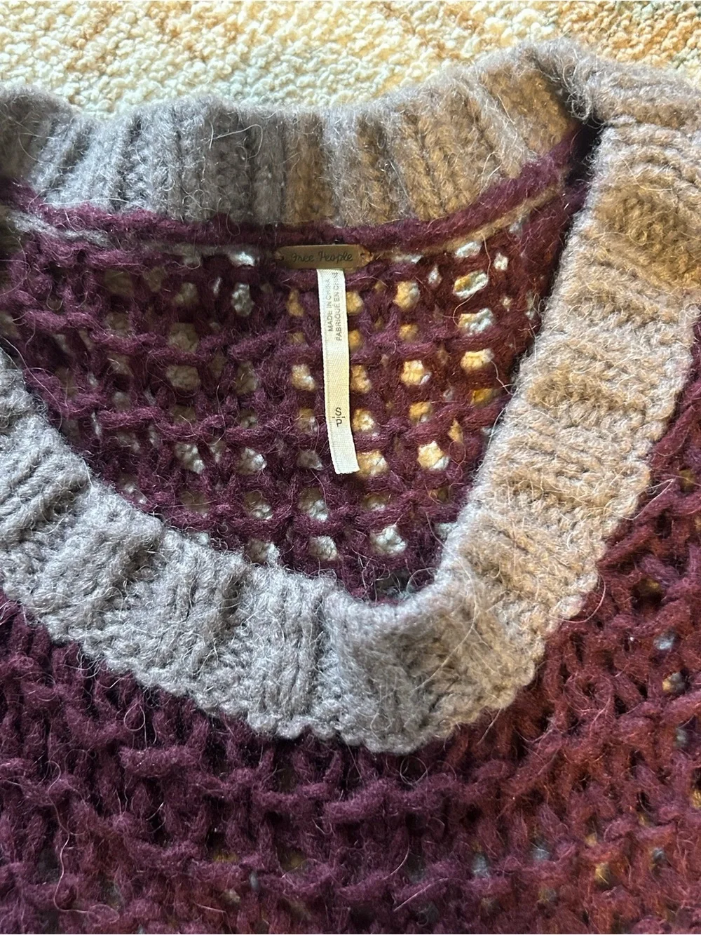 Free People Open Knit Crewneck Sweater in Burgundy and Gray